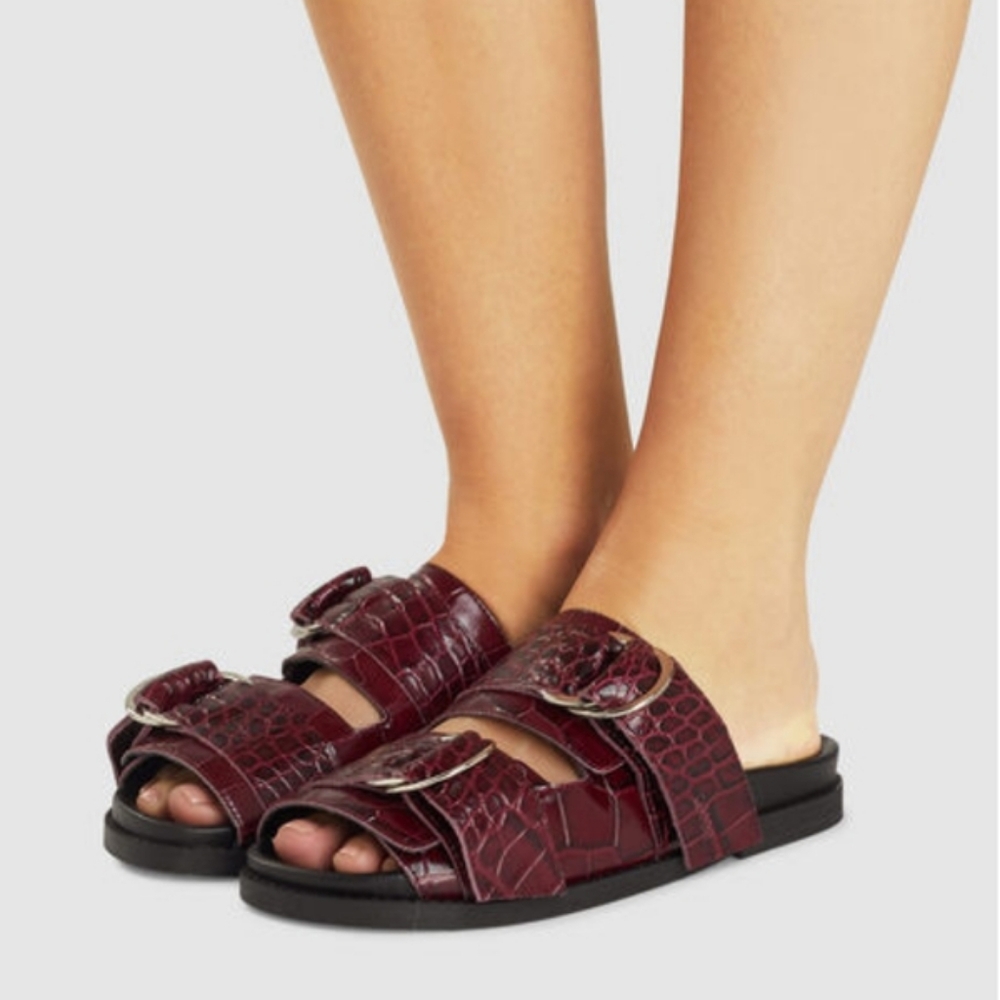 Ganni Burgundy Croc-Embossed Double-Buckle Slide Sandals